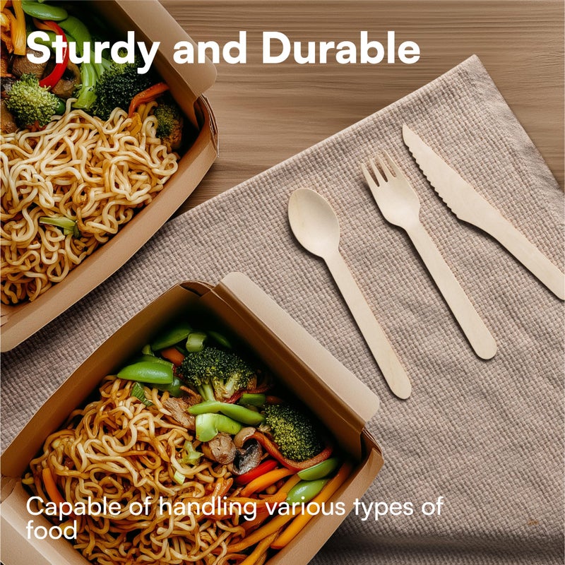 H&S 150pcs Wooden Cutlery Set Disposable Biodegradable Wood Eco Friendly for Picnic Party - 50 Forks, 50 Knives, 50 Spoons - Image 3